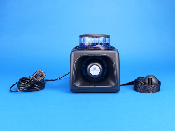 Mobile Warnanlage MoWa 2, Magnetmontage, frontal, mit Anschlussstecker und Fangleine, auf blauem Hintergrund