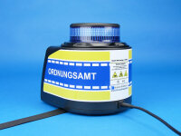 Mobile Warnanlage mit blauer Kennleuchte und gelb/blau/weißer Beklebung, darauf steht in weißer Schrift ORDNUNGSAMT, Ansicht schräg von hinten