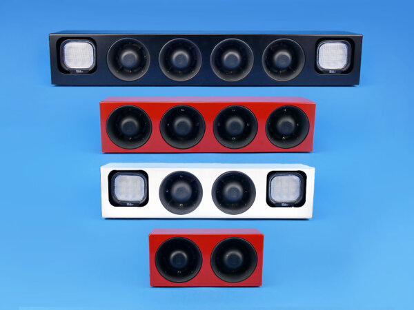 Modulares Dachlagerungssystem, verschiedene Ausführungen mit unterschiedlicher Ausstattung (Lautsprecher und Scheinwerfer) und Farbe