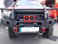 Modulares Dachlagerungssystem, Ausführung: rot mit 2 Lautsprechern, verbaut auf Ford Ranger, Frontansicht
