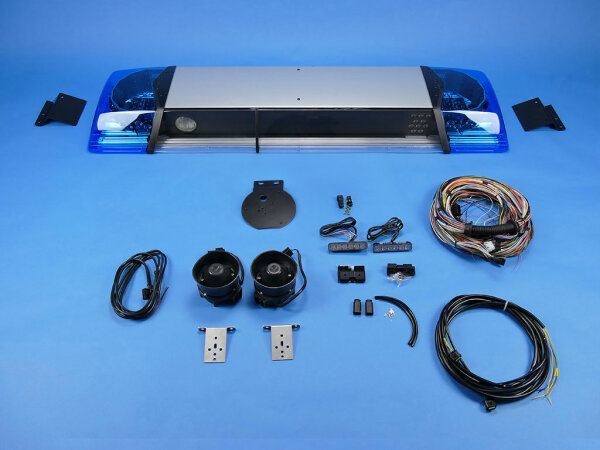 Komplettangebot für Ford Transit Custom bestehend aus Blaulichtbalken inkl. Halterung mit Lautsprecher im Dachbalken, Halterung für  Kennleuchte, Frontblitzern inkl. Halterung und Anschlussmaterial, Anschlussleitungen