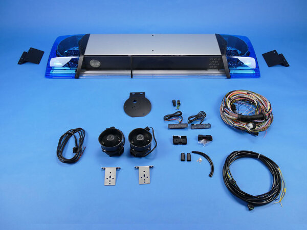 Komplettangebot für Ford Transit Custom bestehend aus Blaulichtbalken inkl. Halterung, Halterung für  Kennleuchte, Frontblitzern inkl. Halterung und Anschlussmaterial, Anschlussleitungen, abgesetzte Lautsprecher inkl. Halterungen