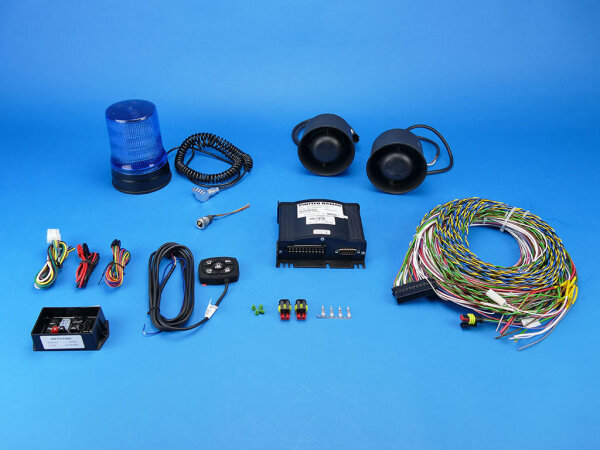 Verdeckte Sondersignalanlage bestehend aus Kennleuchte Movia Sl, blau, Magnetmontage; Fahrzeugkabelbaum MS350 analog, Sondersignalverstärker MS-350 analog, Druckkammerlautsprecher K-SR 350, Bedieneinheit Master 5, Relaisbox für Master 5, Lemo-Steckdose 4-polig mit Kabel